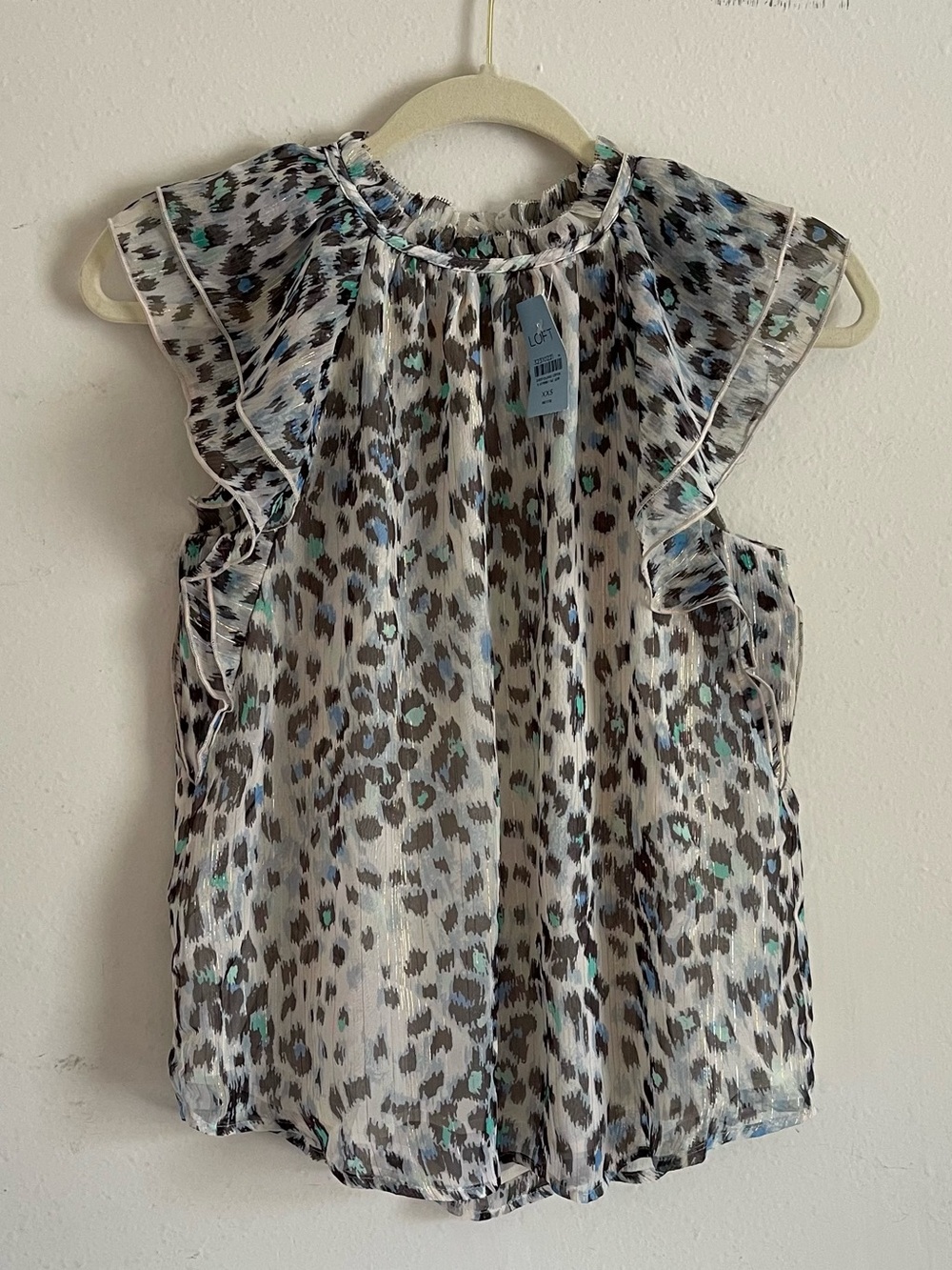 LOFT Ruffle-Sleeve Leopard Print Blouse - White, Gray & Teal